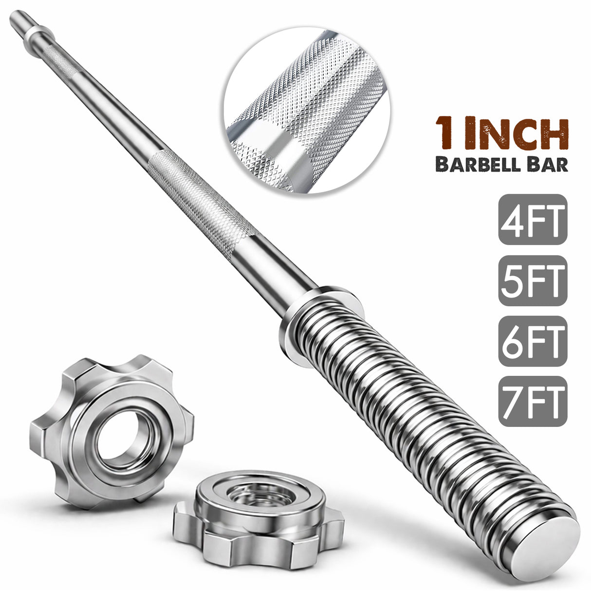 Metal barbell bar with adjustable ends on a white background
