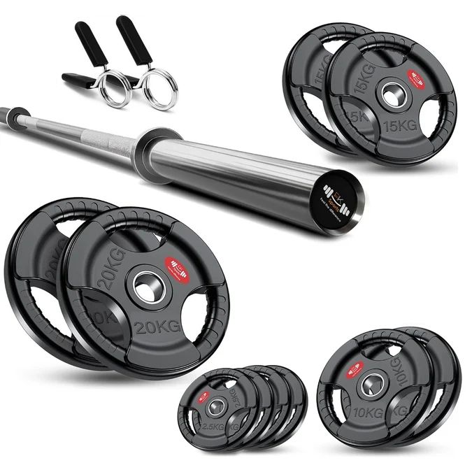 Tri-Grip Olympic Weight Plate Set with Barbell Bar