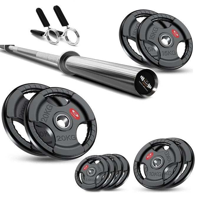 Tri-Grip Olympic Weight Plate Set with Barbell Bar