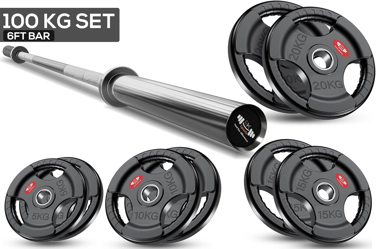 Weightlifting bar and weight plates with '100 KG SET 6FT BAR' text on a white background