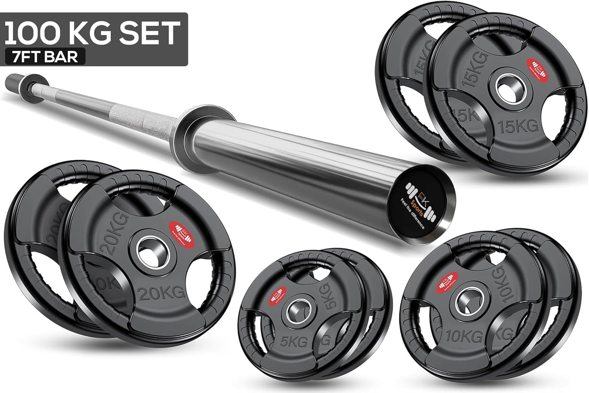 Gym 7ft barbell with 100kg weight plates on a white background