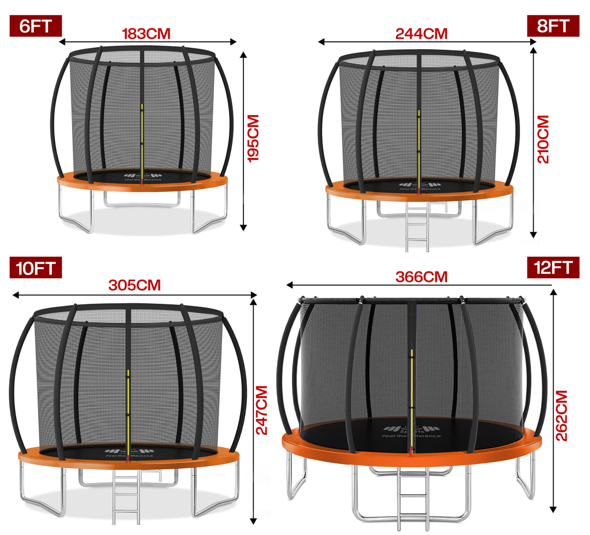 Outdoor Trampoline 6FT/8FT/10FT/12FT - Rebounder Trampoline for Toddlers, Kids & Adults with Safety Enclosure Net, Anti-tear, UV-Proof Pad, Exercise & Fitness