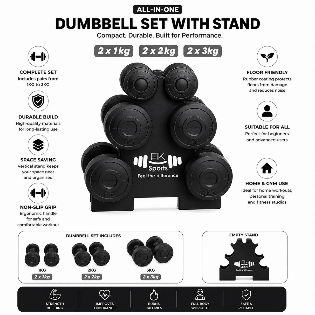 12KG Dumbbell Weights Set with Storage Stand for Home Workouts | FK Sports