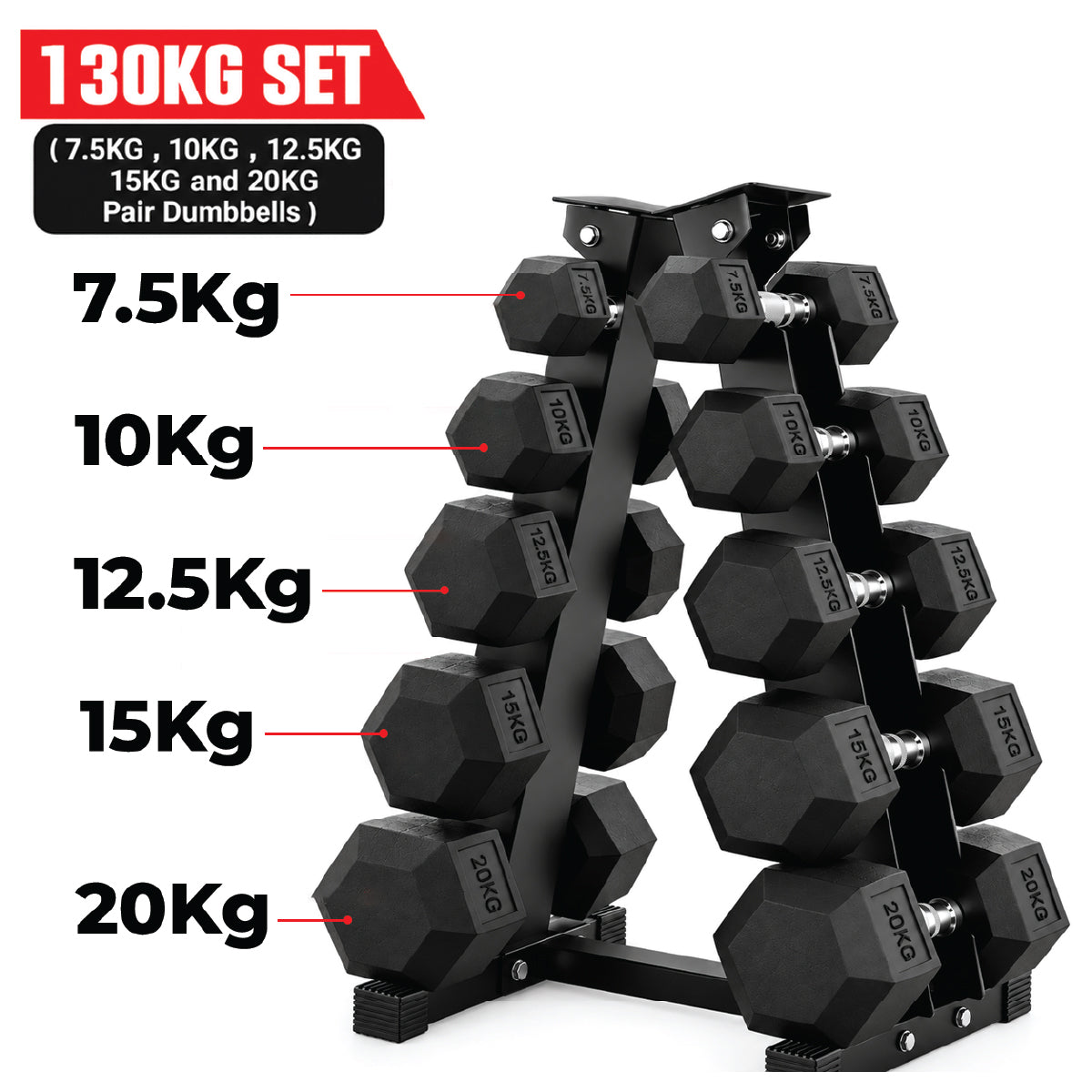 Hex Dumbbell Set with 5 Tier Rack | 2.5kg–20kg Weight Options