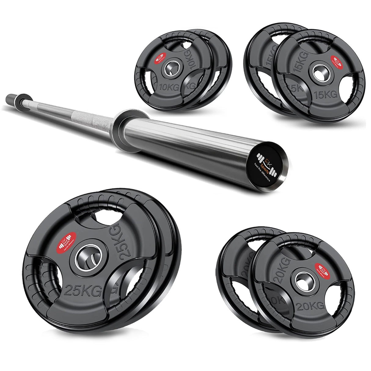 Tri-Grip Olympic Weight Plate & Barbell Set. 55 - 140 KG