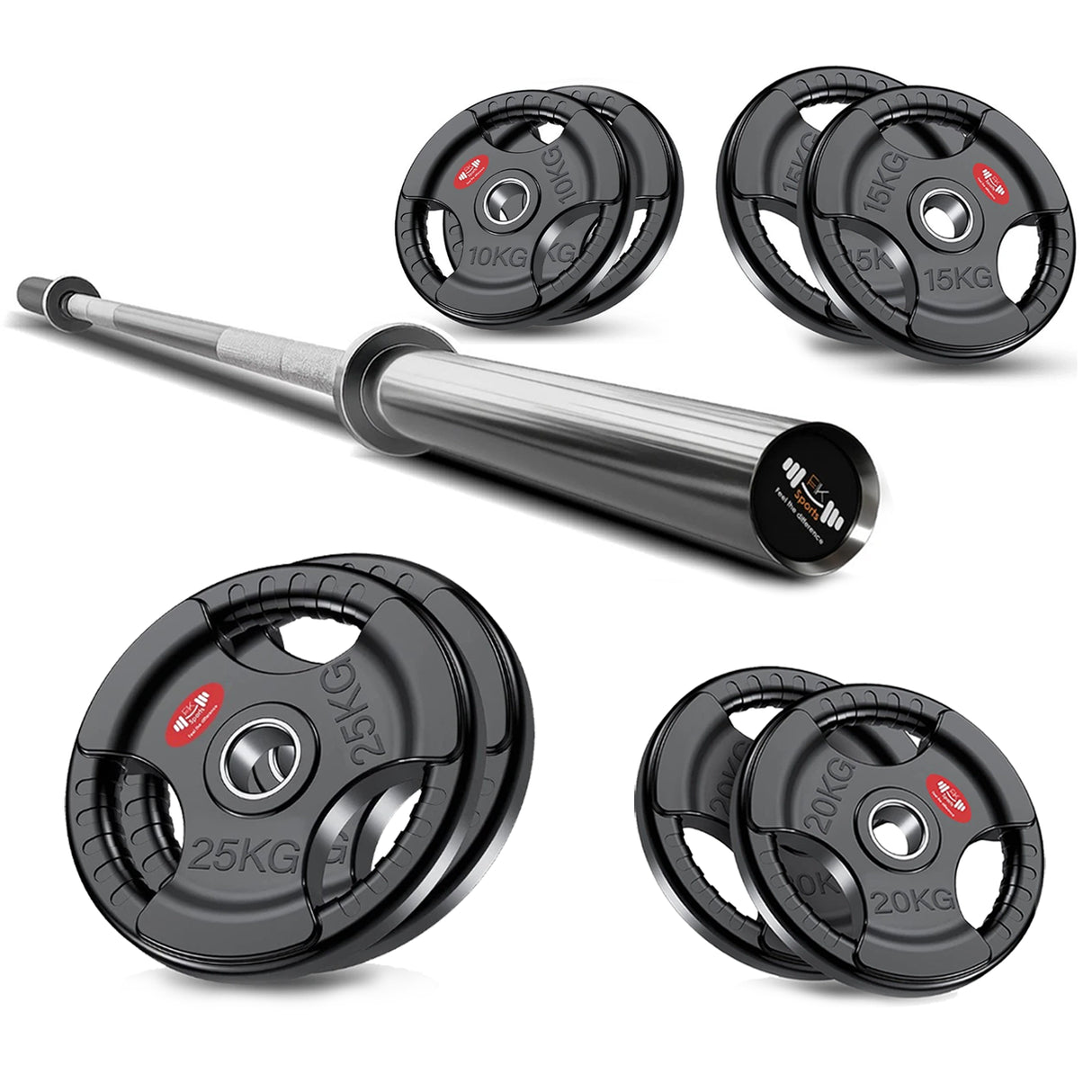Tri-Grip Olympic Weight Plate & Barbell Set. 55 - 140 KG