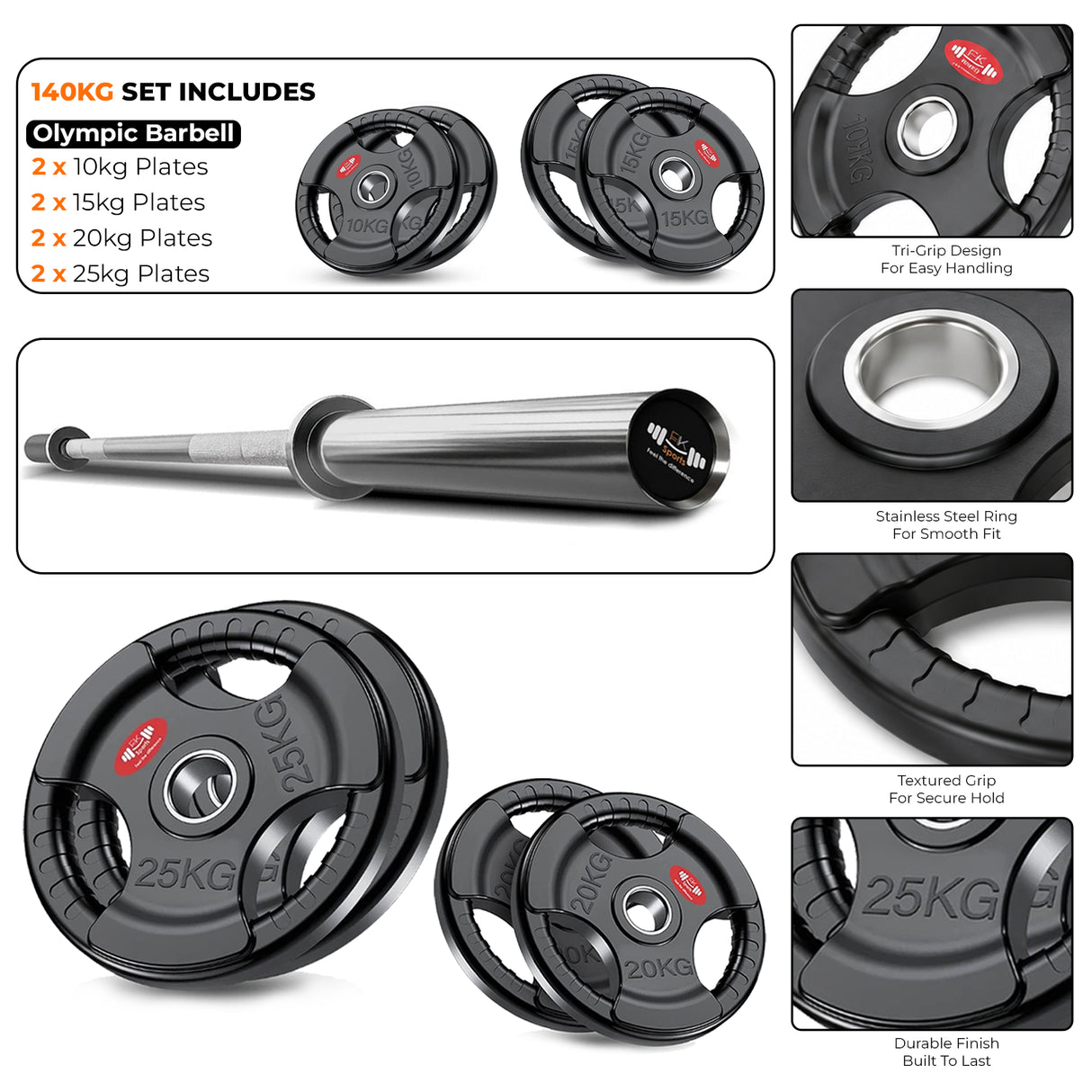 Tri-Grip Olympic Weight Plate & Olympic Barbell Set. 55 - 140 KG