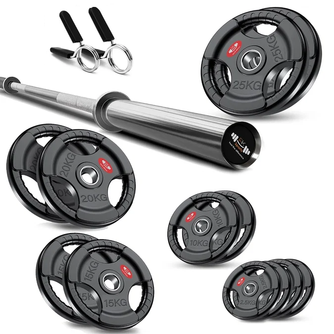 Tri-Grip Olympic Weight Plate Set with Barbell Bar