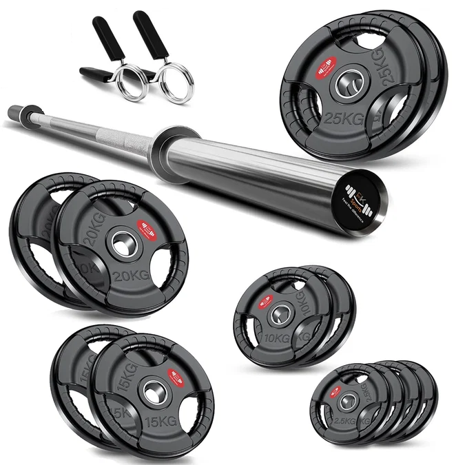 Tri-Grip Olympic Weight Plate Set with Barbell Bar