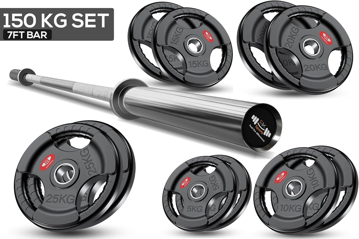 Weightlifting 7ft bar and 150kg weight plates set on a white background