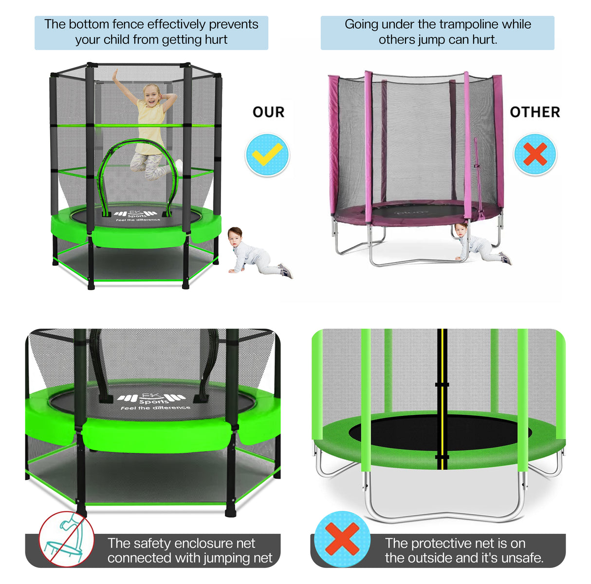 55" Kids Trampoline with Safety Enclosure Net – Indoor & Outdoor Mini Rebounder for Toddlers, Ages 1–11, with Bungee System, Anti-Skid Pad & Steel Frame