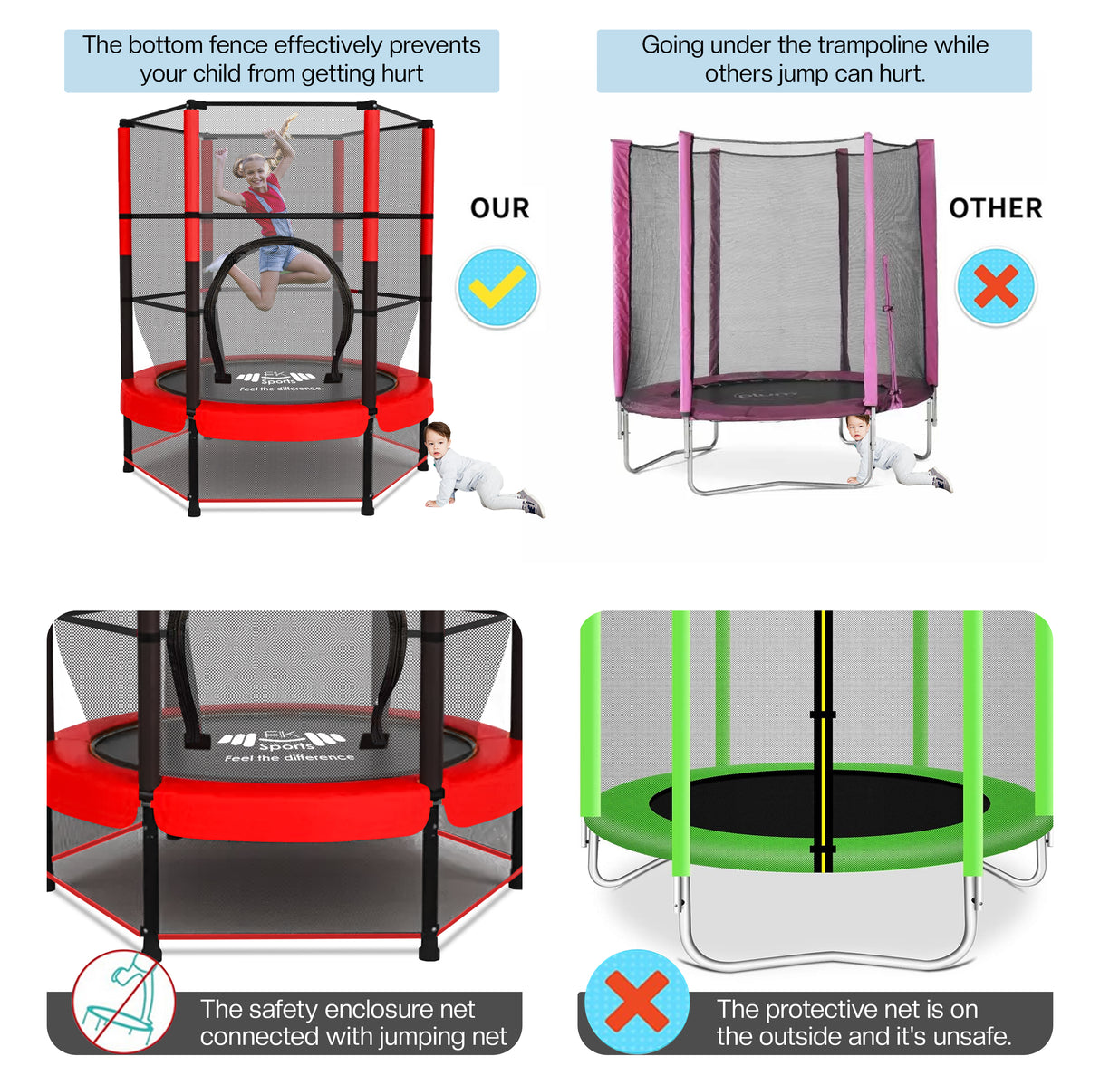 55" Kids Trampoline with Safety Enclosure Net – Indoor & Outdoor Mini Rebounder for Toddlers, Ages 1–11, with Bungee System, Anti-Skid Pad & Steel Frame