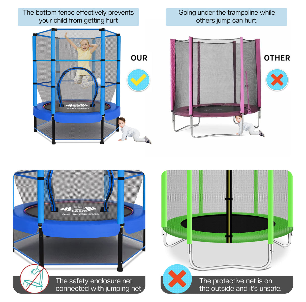 55" Kids Trampoline with Safety Enclosure Net – Indoor & Outdoor Mini Rebounder for Toddlers, Ages 1–11, with Bungee System, Anti-Skid Pad & Steel Frame