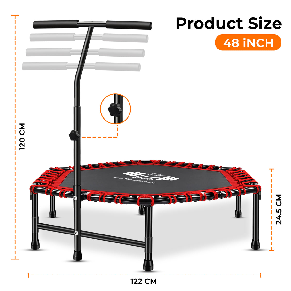 Hexagonal Fitness Trampoline Rebounder with Adjustable Handle – 40/48 Inch | FK Sports