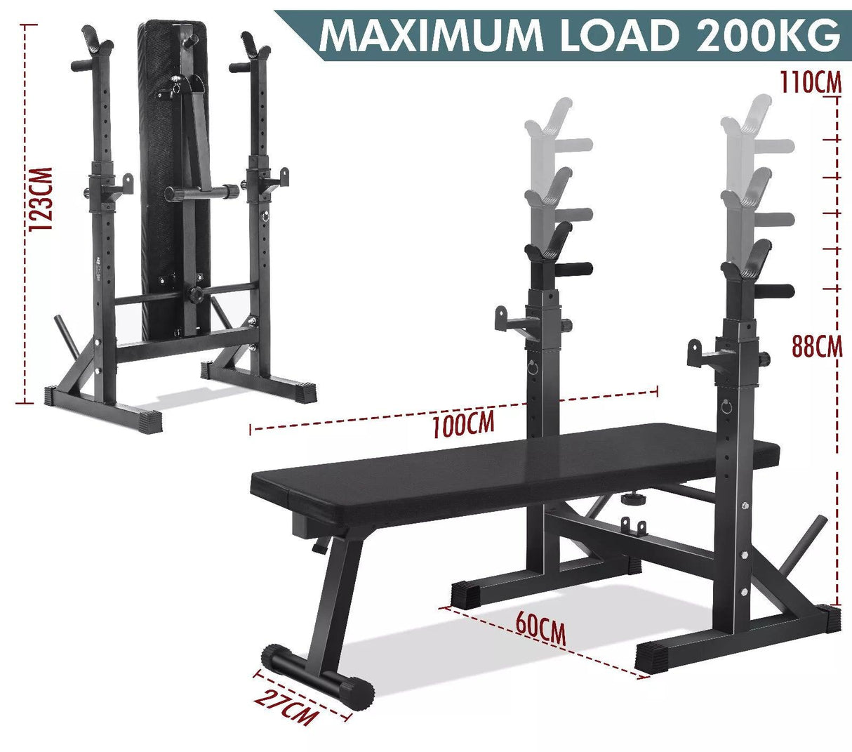 Foldable Weight Bench with Barbell Rack & Dip Station – 6 Levels Adjustable, 200KG Capacity, Multi-Use Home Gym Workout Bench