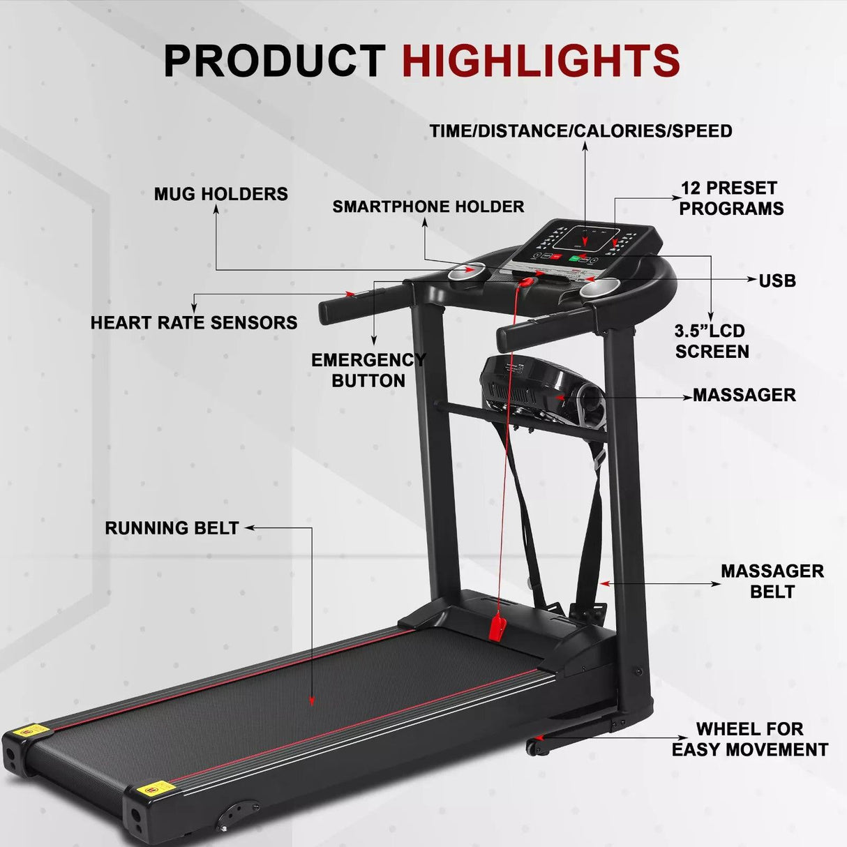 Foldable Treadmill 1–12 KM/H – Incline, Massager & Home Gym Design