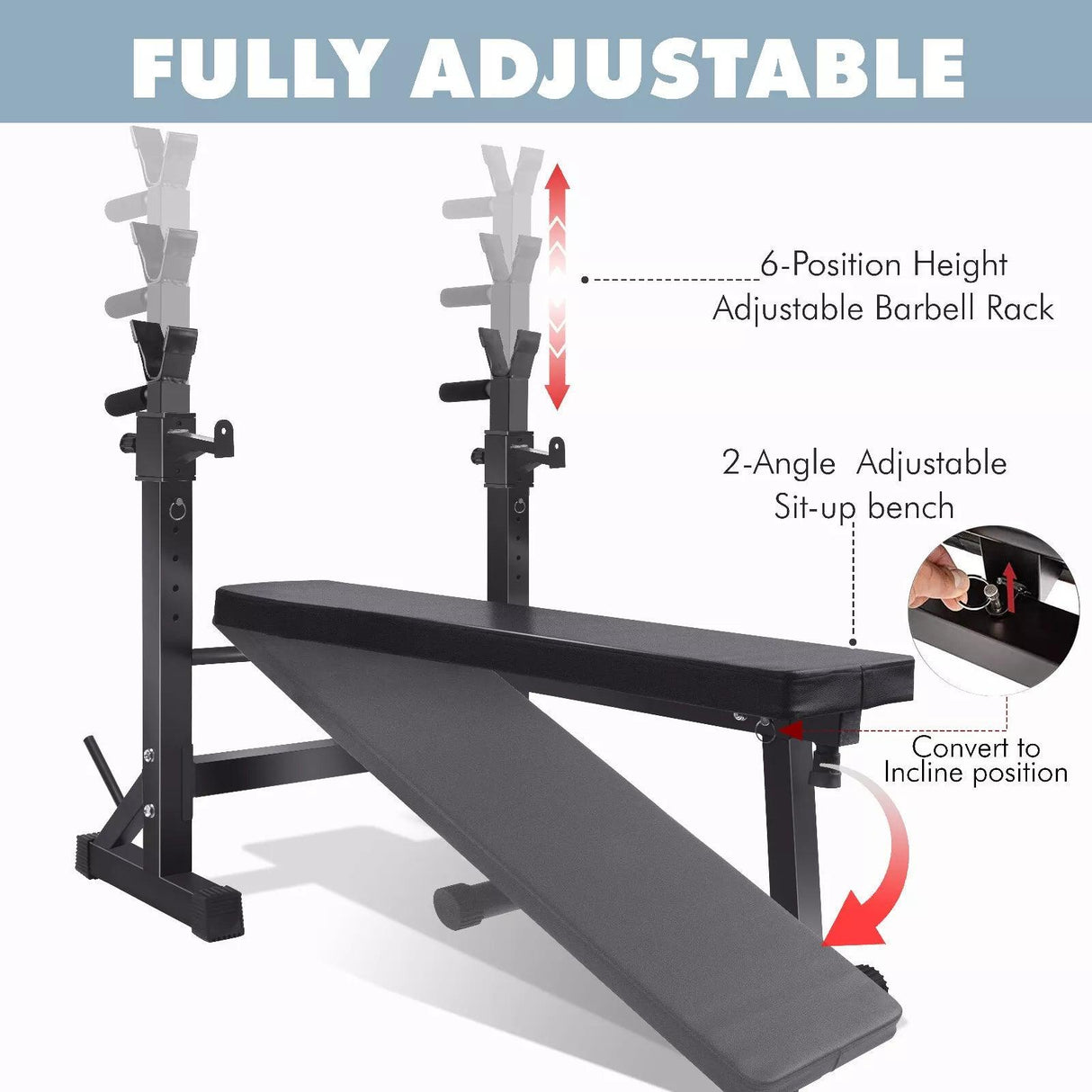 Foldable Weight Bench with Barbell Rack & Dip Station – 6 Levels Adjustable, 200KG Capacity, Multi-Use Home Gym Workout Bench