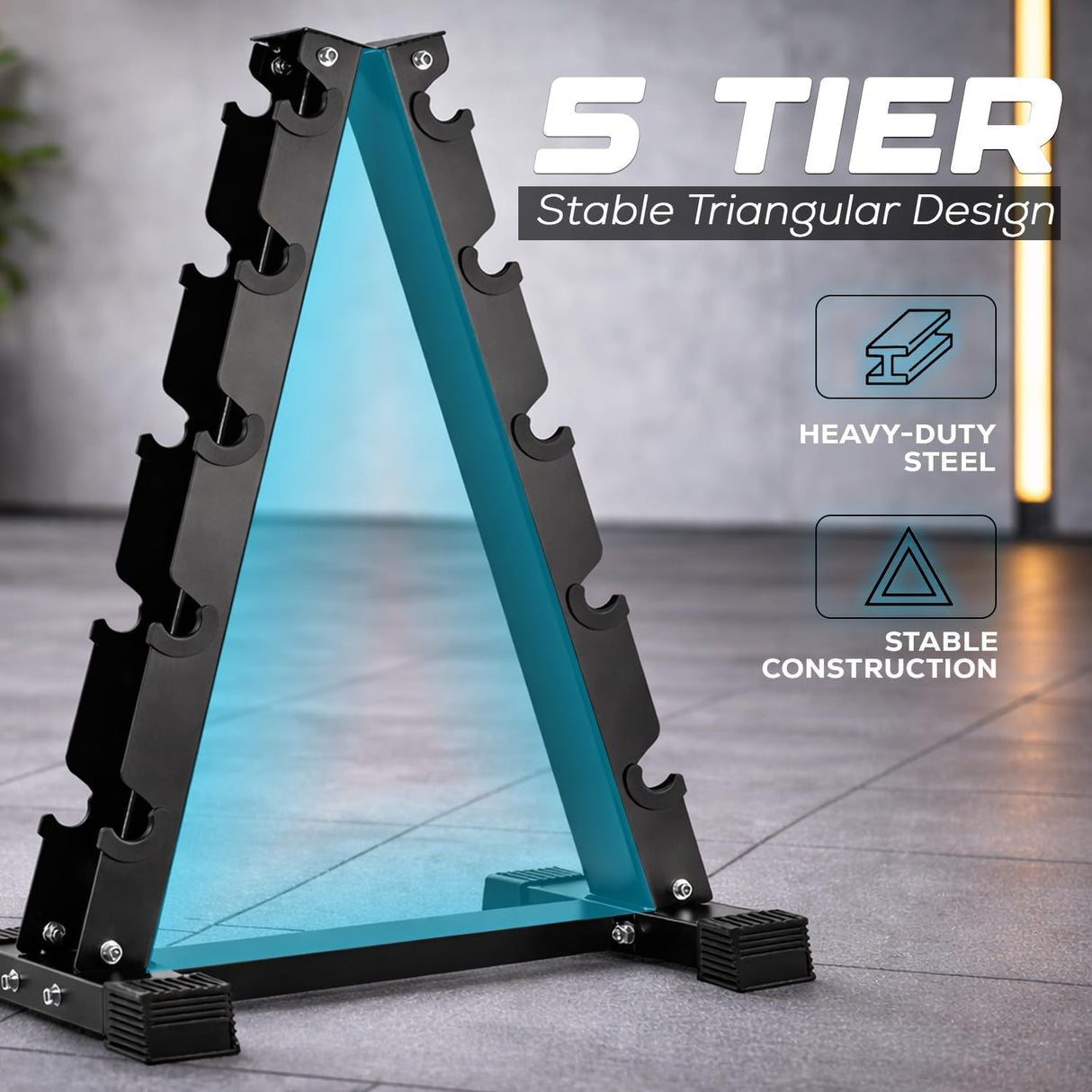 Five-tiered triangular Dumbbell rack display stand with text highlighting features on a gray floor.