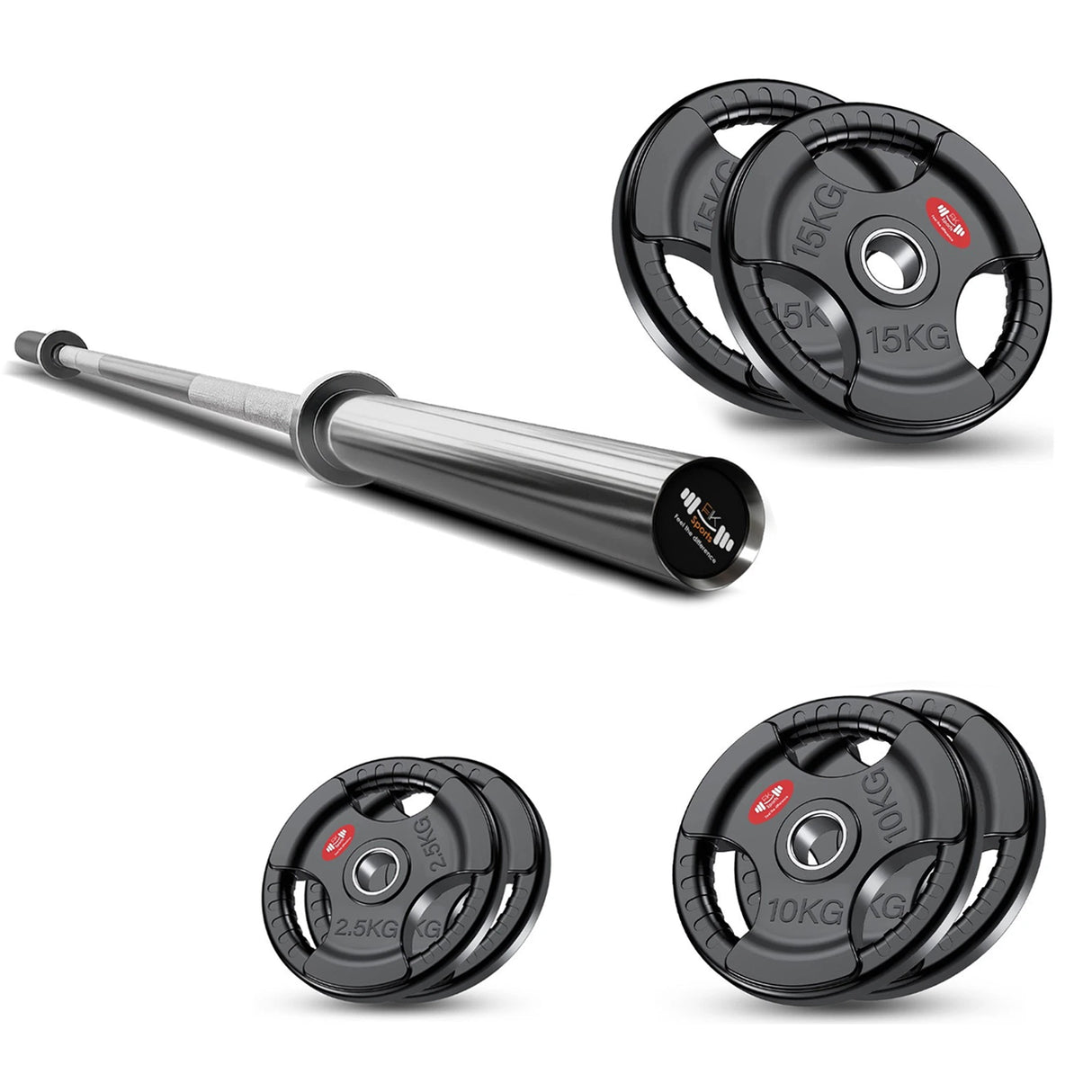 Tri-Grip Olympic Weight Plate & Barbell Set. 55 - 140 KG