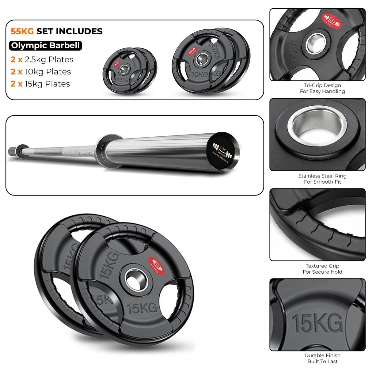 Tri-Grip Olympic Weight Plate & Olympic Barbell Set. 55 - 140 KG
