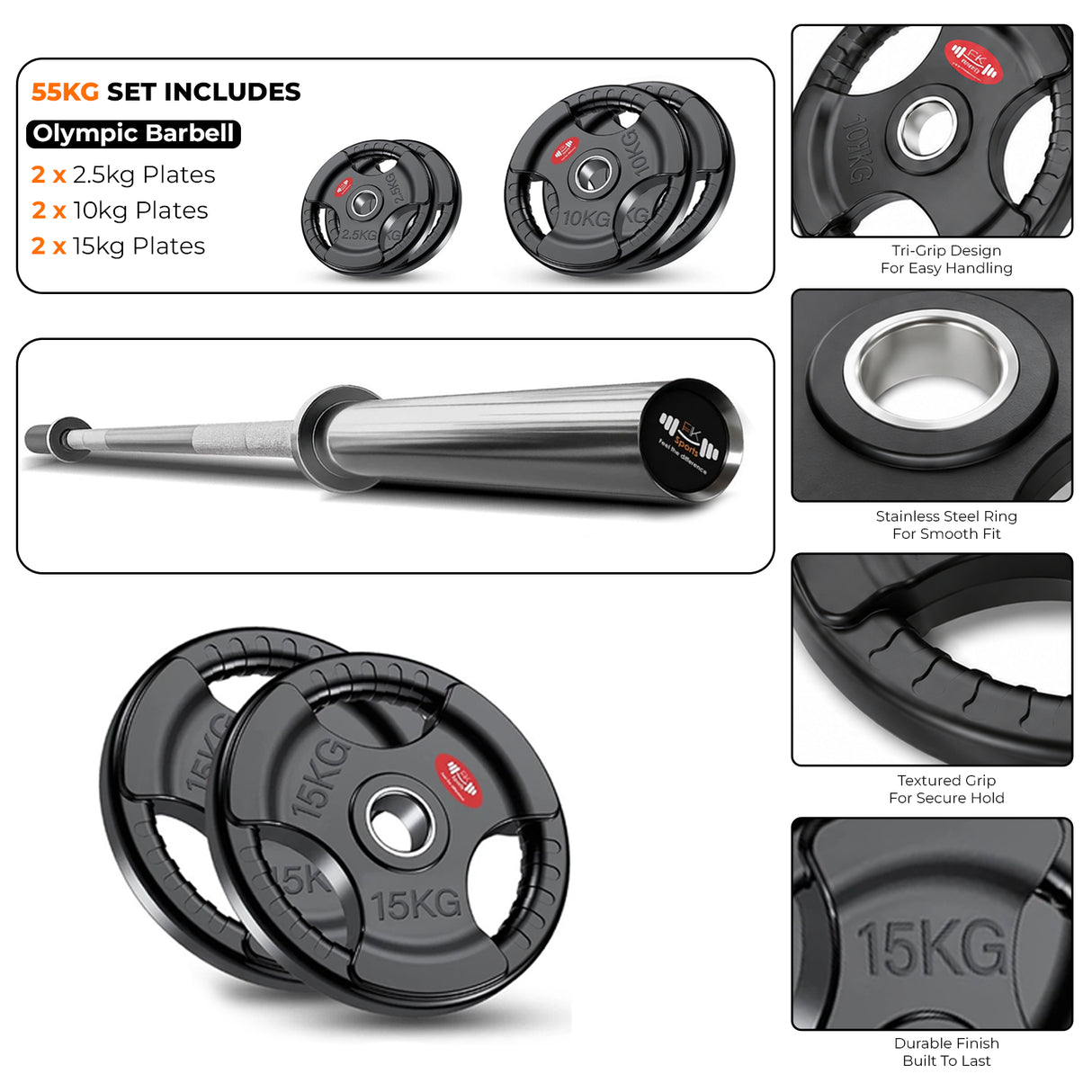 Tri-Grip Olympic Weight Plate & Olympic Barbell Set. 55 - 140 KG