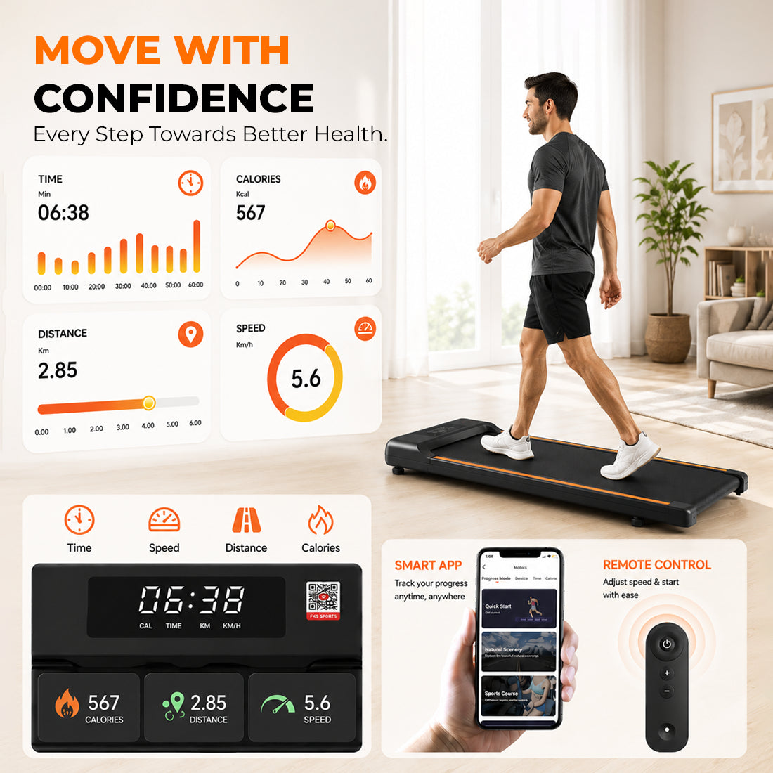 FK Sports Walking Pad Foldable Under-Desk Treadmill – Quiet 2.5HP Motor, Up to 6 km/h, Home & Office Use