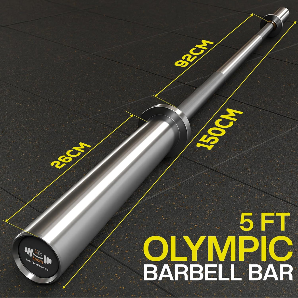 5 ft Olympic barbell bar with measurements on a black tiled background