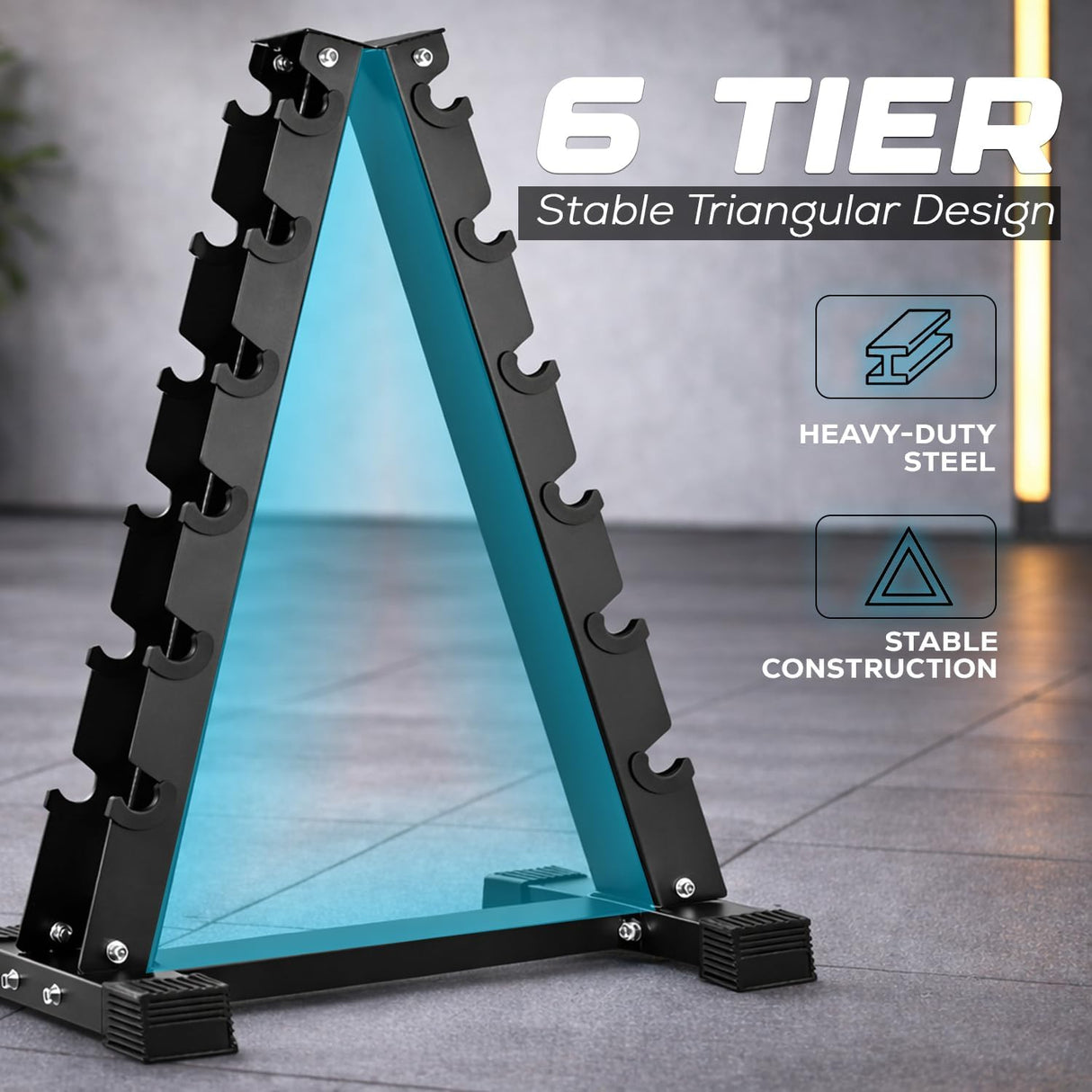 6-tier triangular dumbbells weight rack with stable construction design on a gray floor.