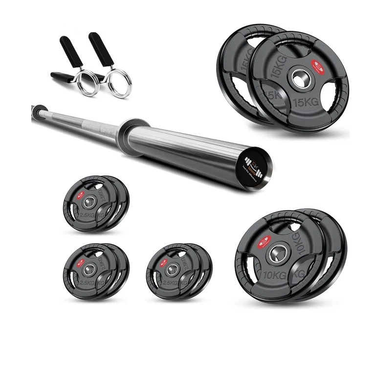 Tri-Grip Olympic Weight Plate Set with Barbell Bar