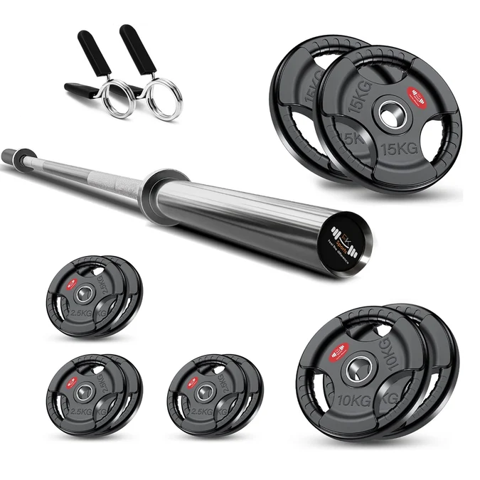Tri-Grip Olympic Weight Plate Set with Barbell Bar