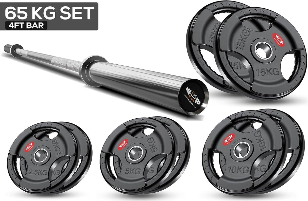 4ft Barbell set with 65kg weight plates on a white background