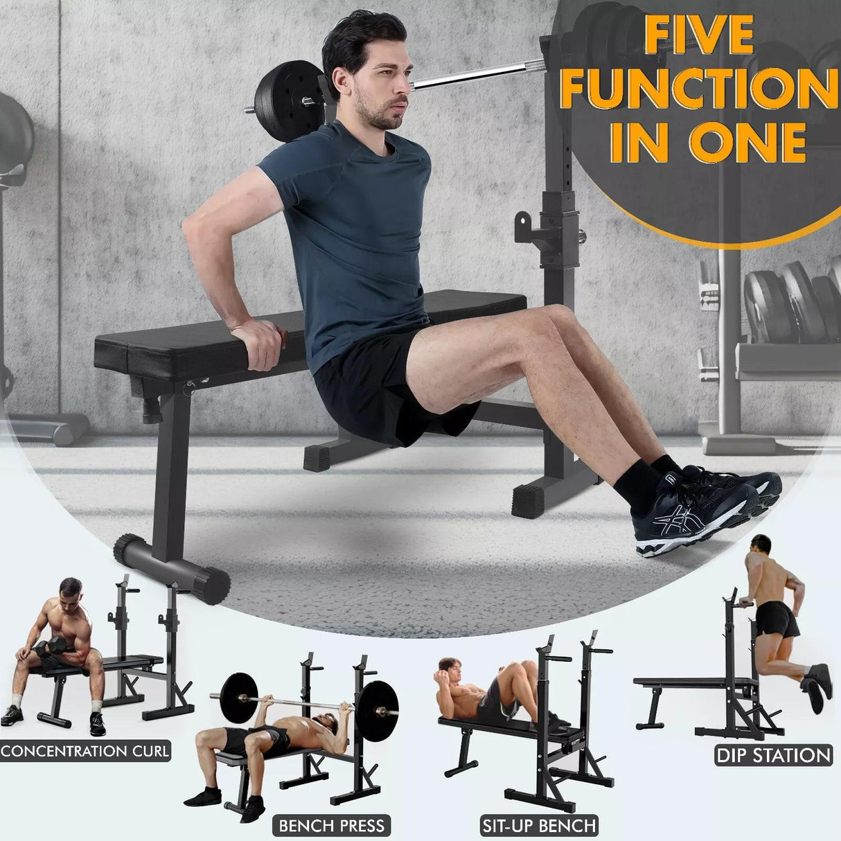 Foldable Weight Bench with Barbell Rack & Dip Station – 6 Levels Adjustable, 200KG Capacity, Multi-Use Home Gym Workout Bench