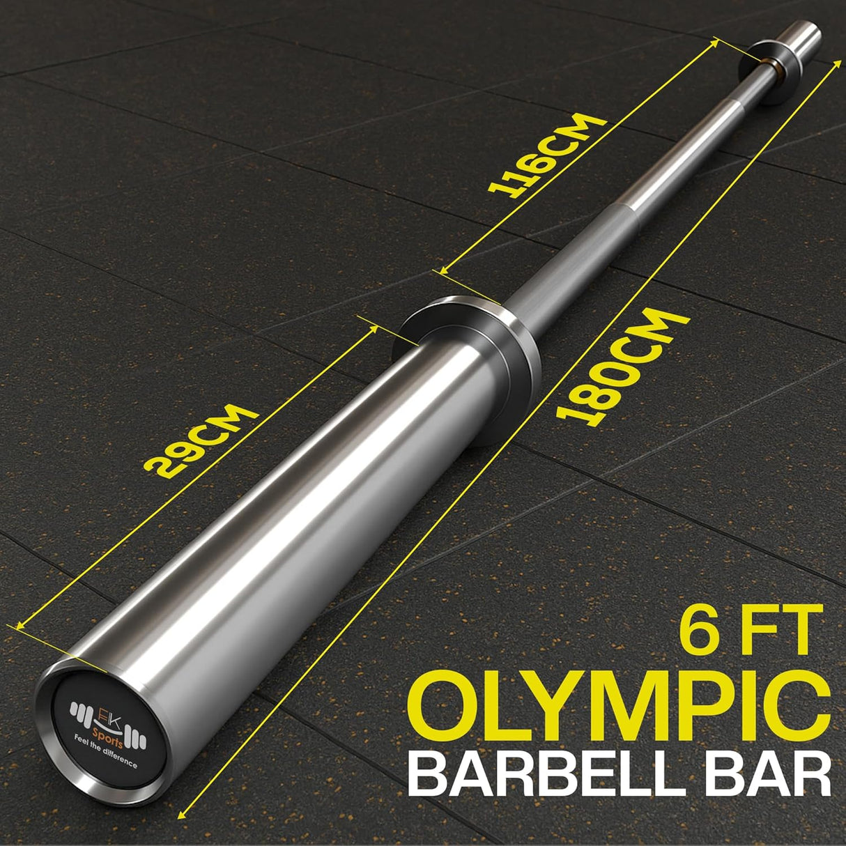 6 ft Olympic barbell bar with measurements on a black tiled background