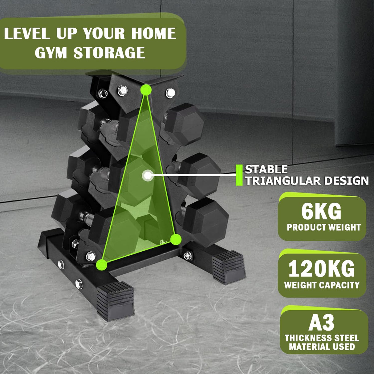 Dumbbell Storage Rack 3-Tier Heavy-Duty Steel Stand for Home Gym
