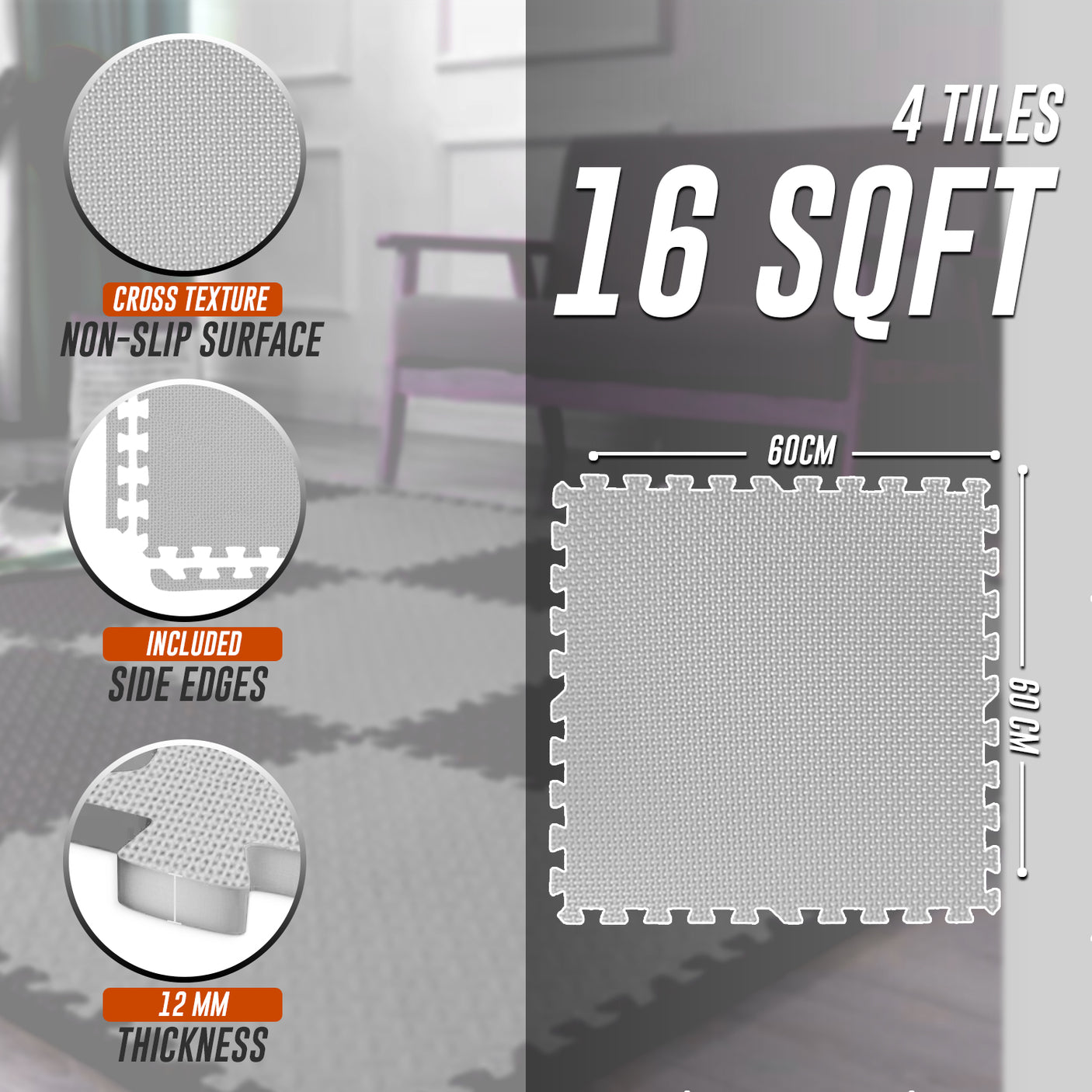 Eva Interlocking Mats Cross Pattern 12mm 60x60cm