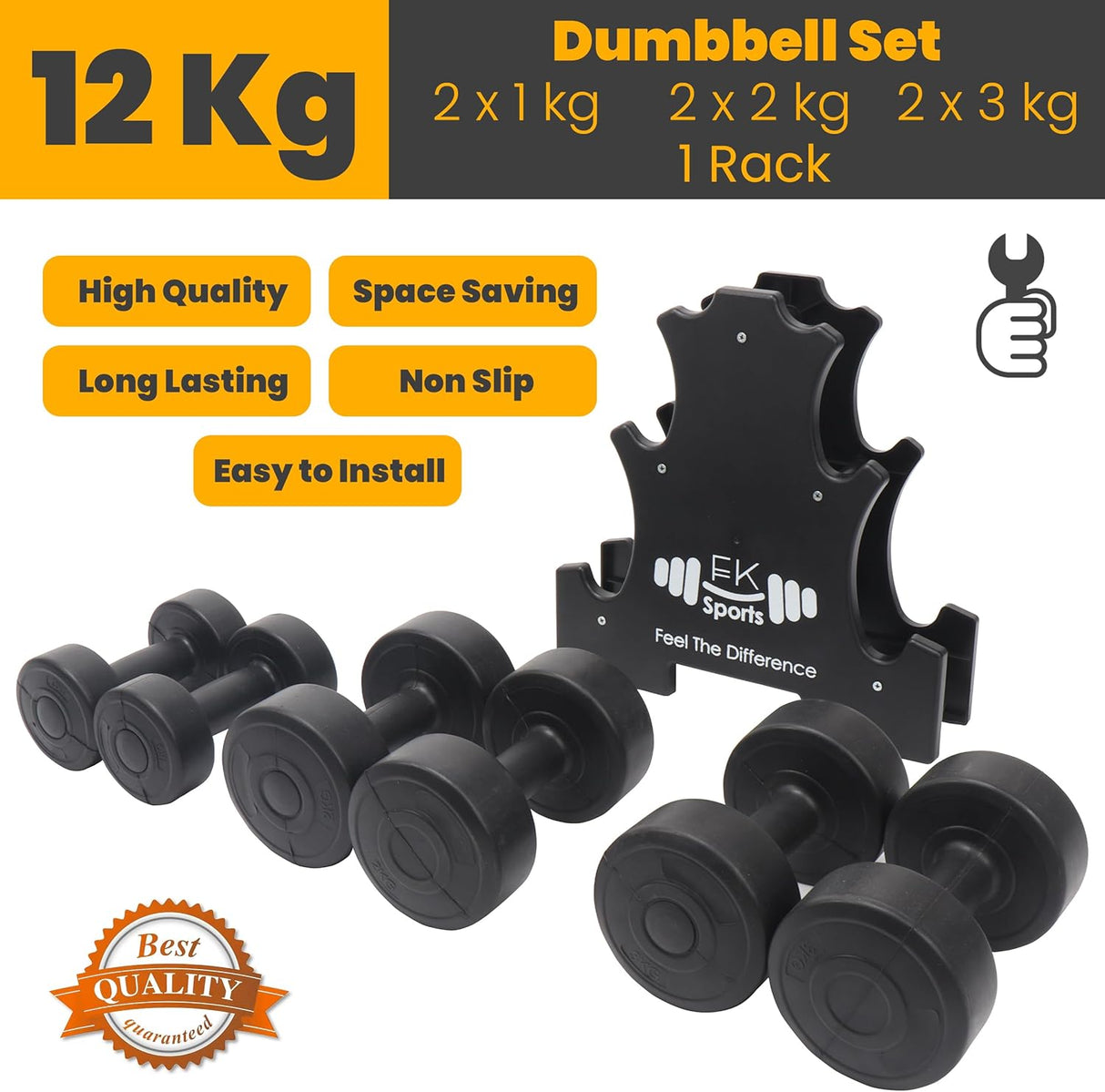 Dumbbells 1/2/3 KG Pair Weight 12 KG Set Stand Rack Aerobics Gym Workout Yoga