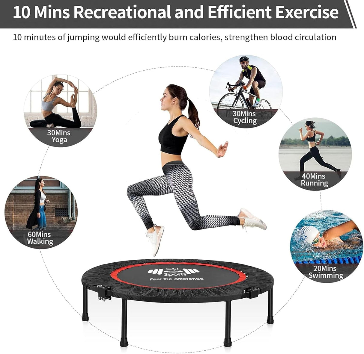 40''/48'' Foldable Fitness Trampoline for Adults – Compact Rebounder for Home Gym Workouts, Supports Up to 100KG