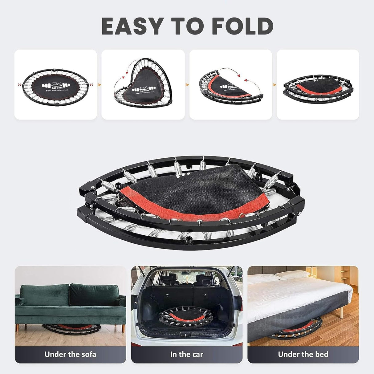 40''/48'' Foldable Fitness Trampoline for Adults – Compact Rebounder for Home Gym Workouts, Supports Up to 100KG