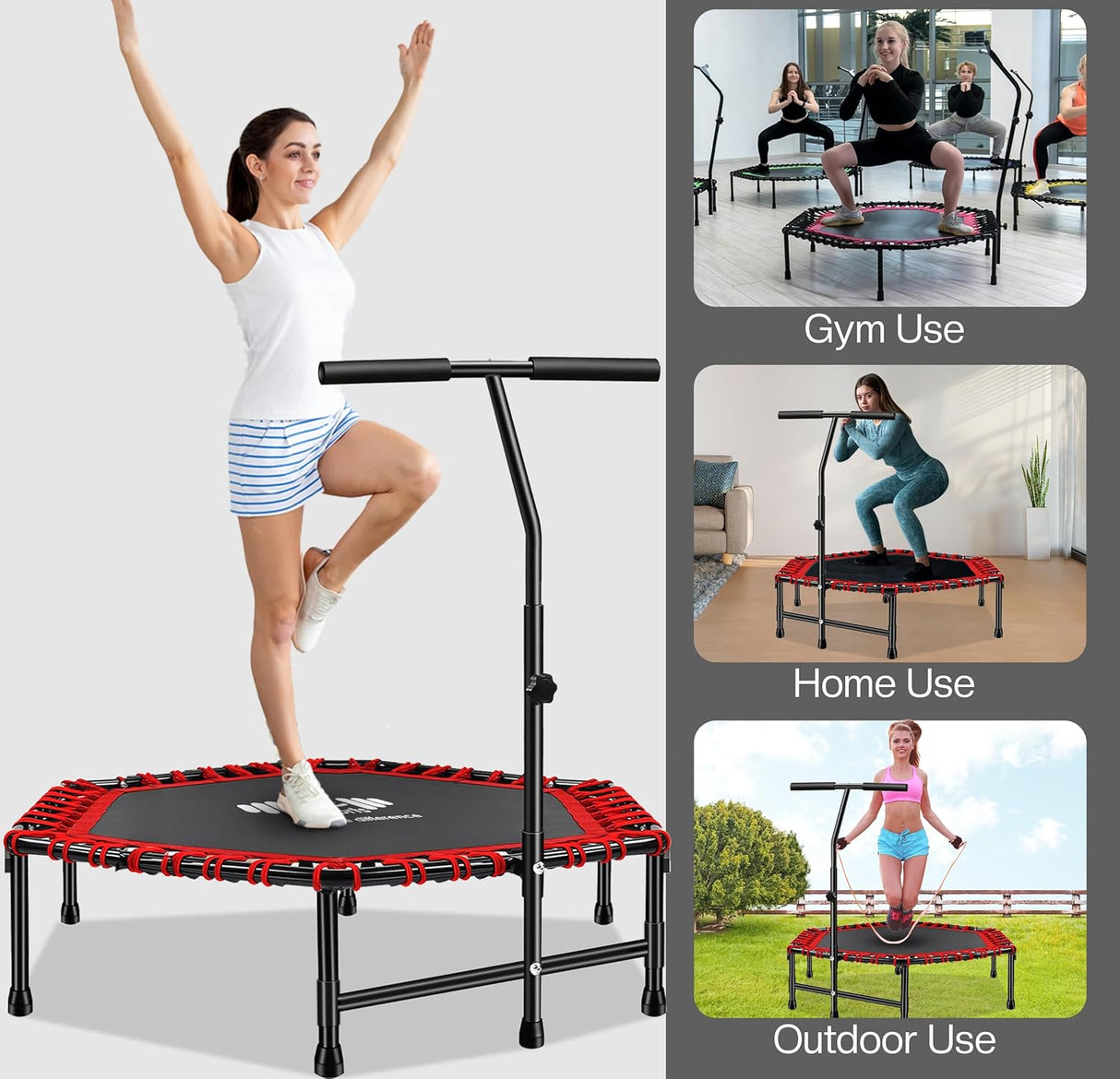 40"/48" Mini Rebounder Trampoline – Quiet Bungee Fitness Trampoline for Adults with Adjustable Handle