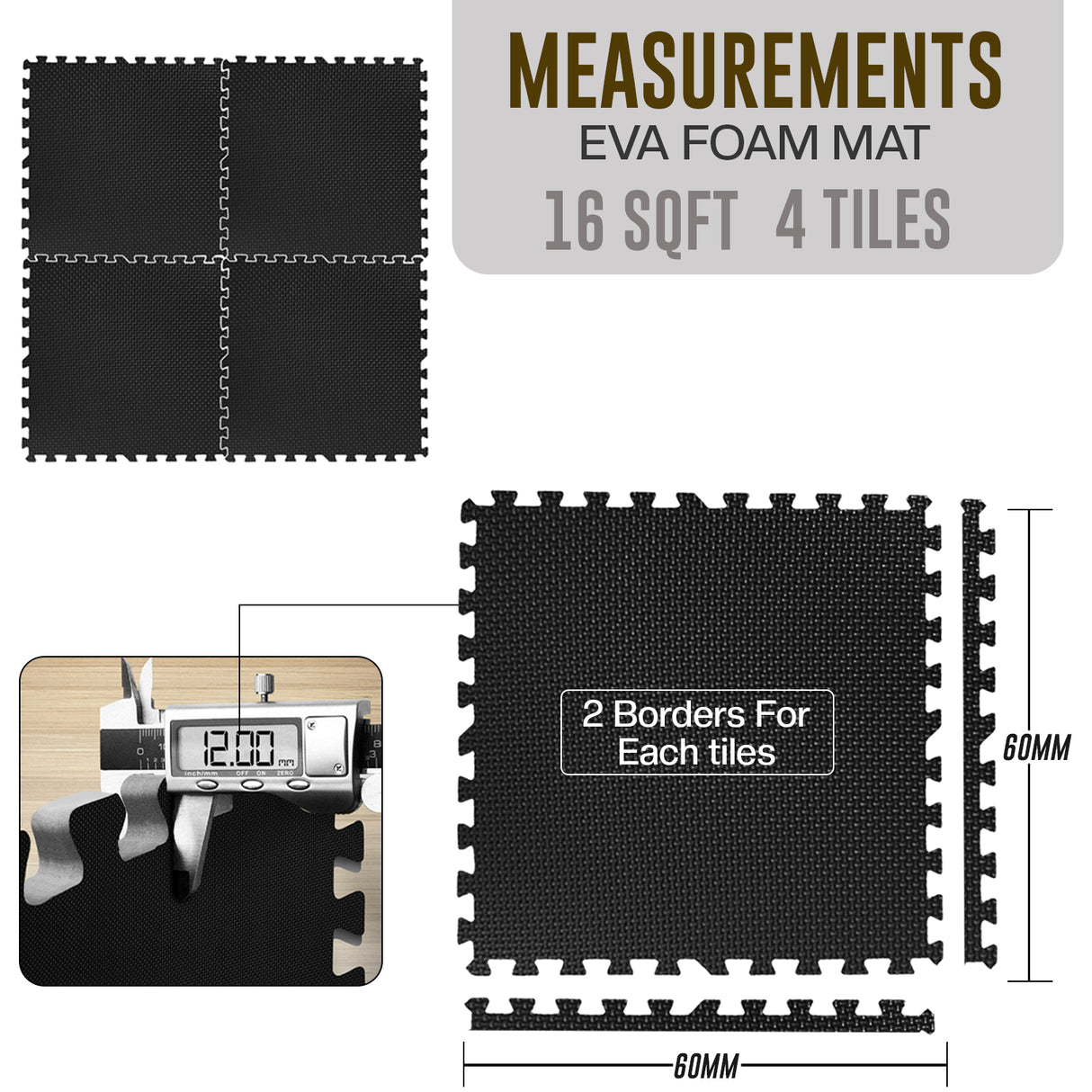 EVA Interlocking Floor Mats Soft Foam Gym Flooring Mat Yoga Tiles 25 mm 60x60cm