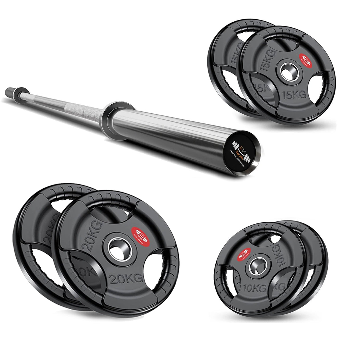 Tri-Grip Olympic Weight Plate & Barbell Set. 55 - 140 KG