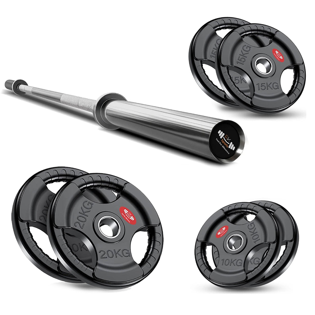 Tri-Grip Olympic Weight Plate & Barbell Set. 55 - 140 KG