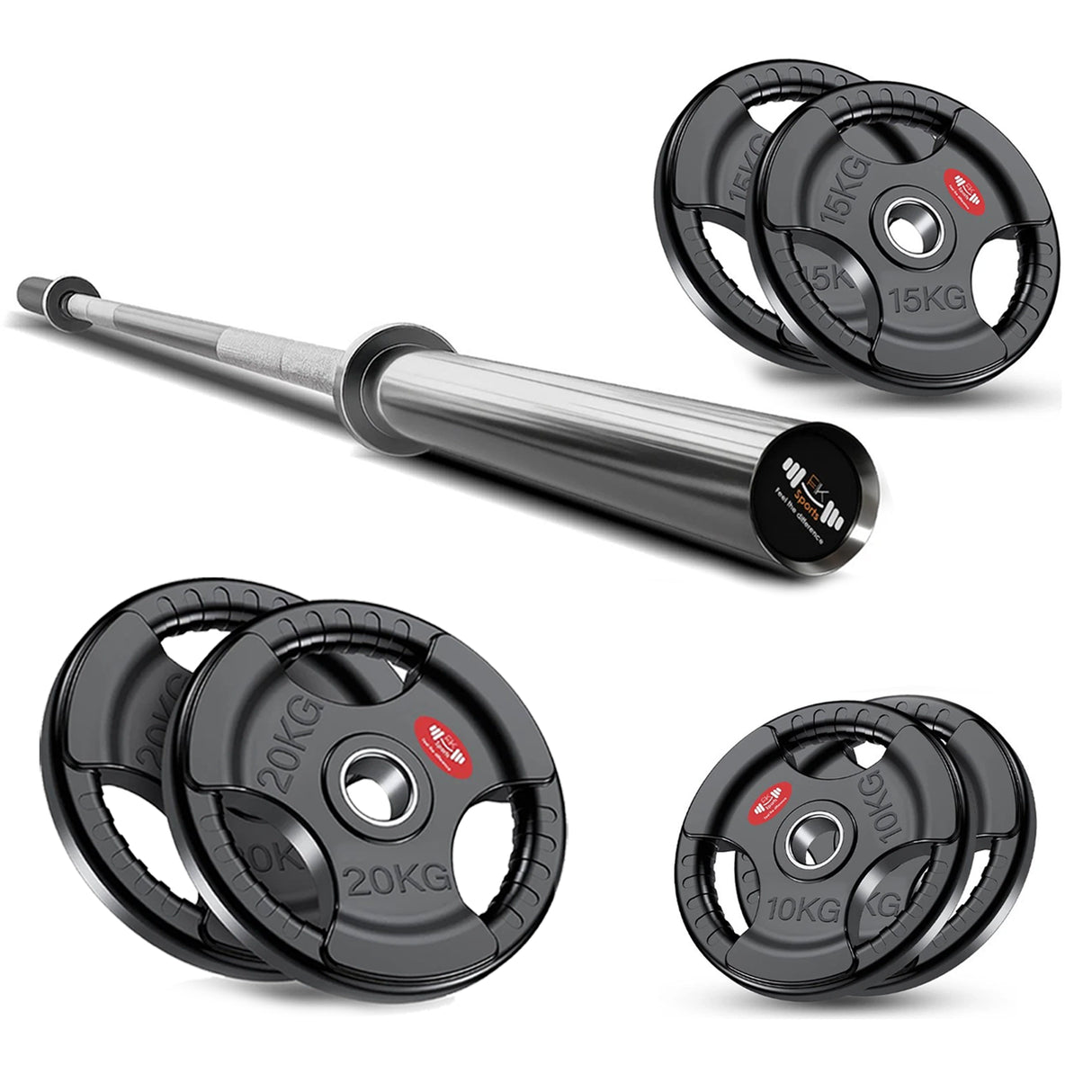 Tri-Grip Olympic Weight Plate & Barbell Set. 55 - 140 KG
