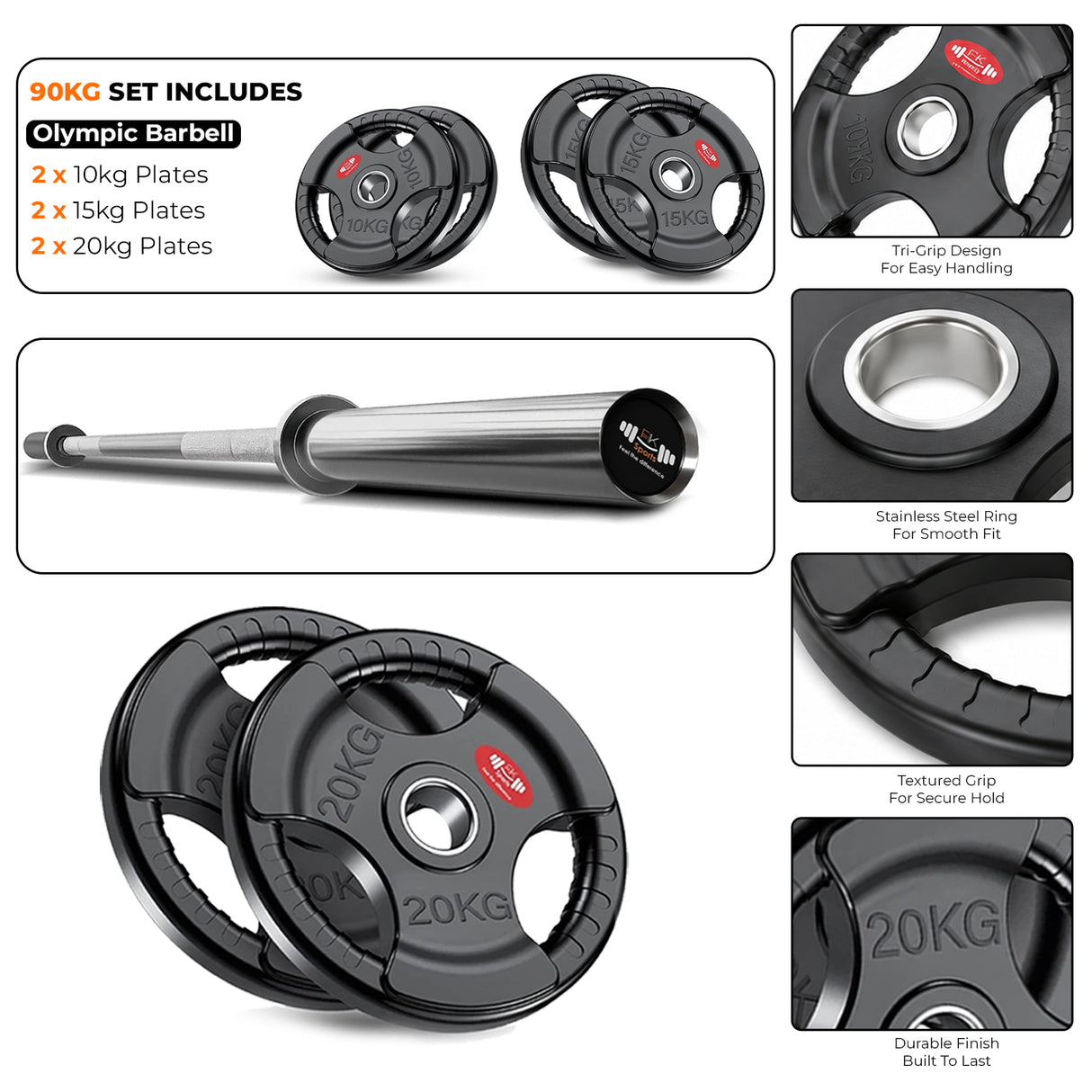 Tri-Grip Olympic Weight Plate & Olympic Barbell Set. 55 - 140 KG