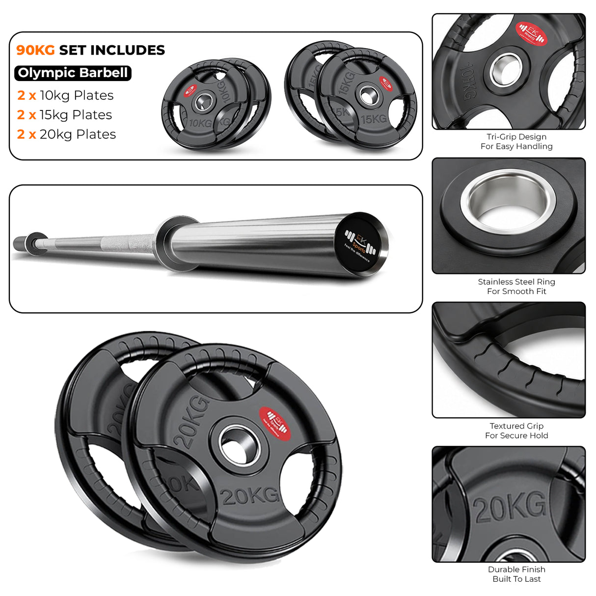 Tri-Grip Olympic Weight Plate & Olympic Barbell Set. 55 - 140 KG