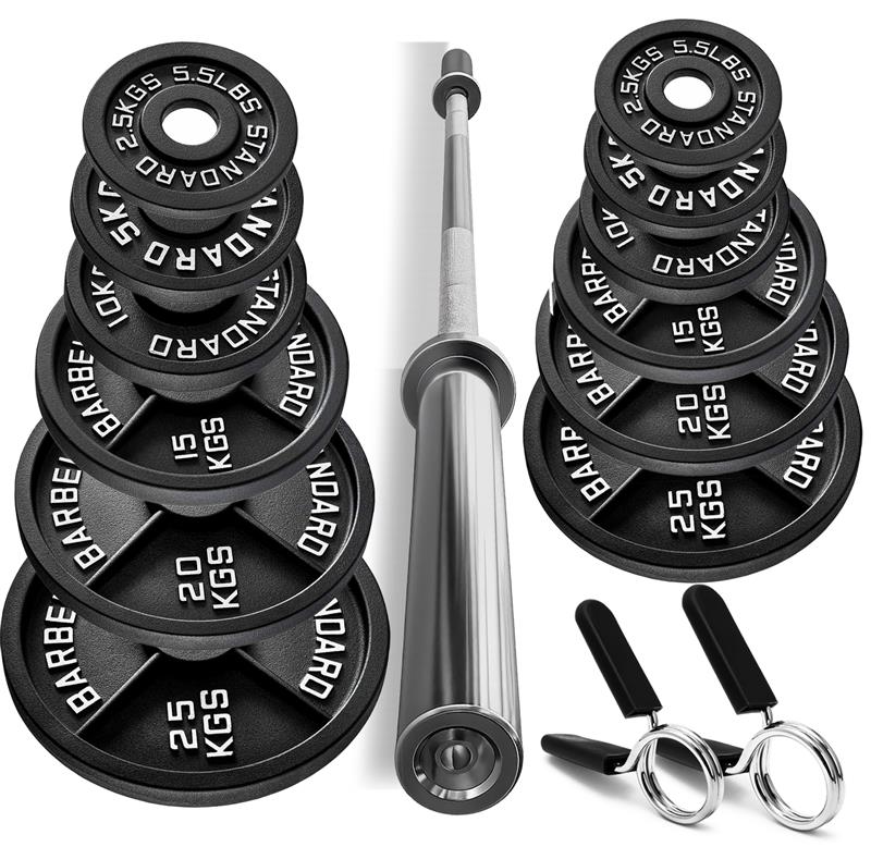 150KG Cast Iron Olympic Weight Plates + 7FT Olympic Barbell Set