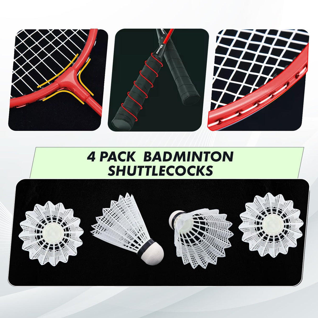 Badminton racket and shuttlecocks packaging with close-up details on a white background