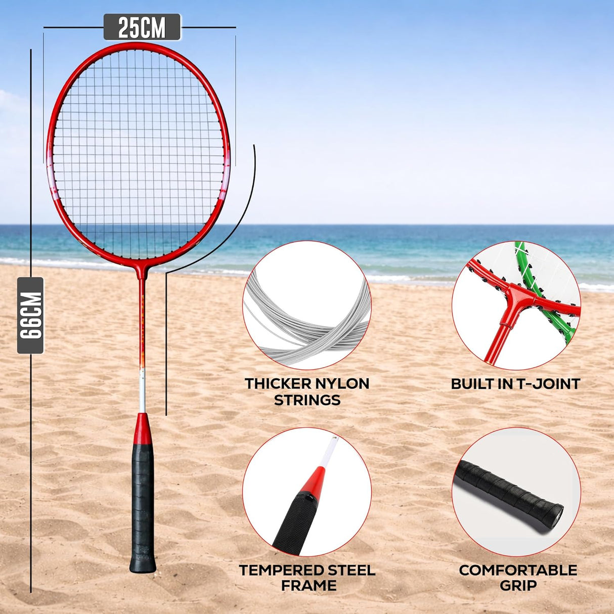 Badminton racket with features highlighted on a beach background