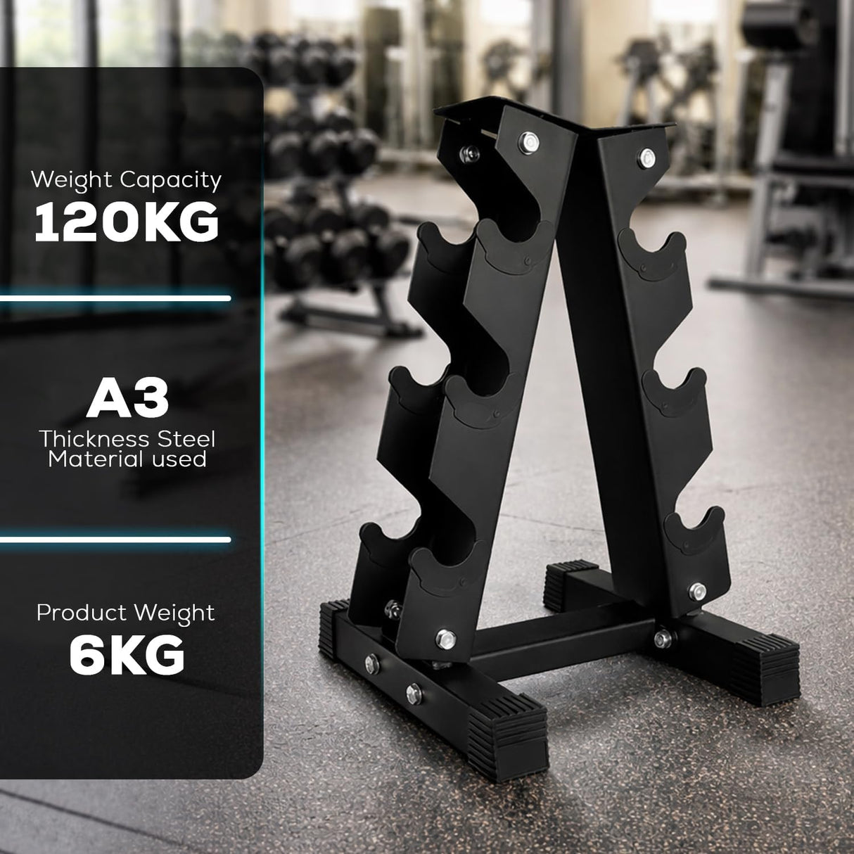 Black weight dumbbell rack with specifications on a gym floor
