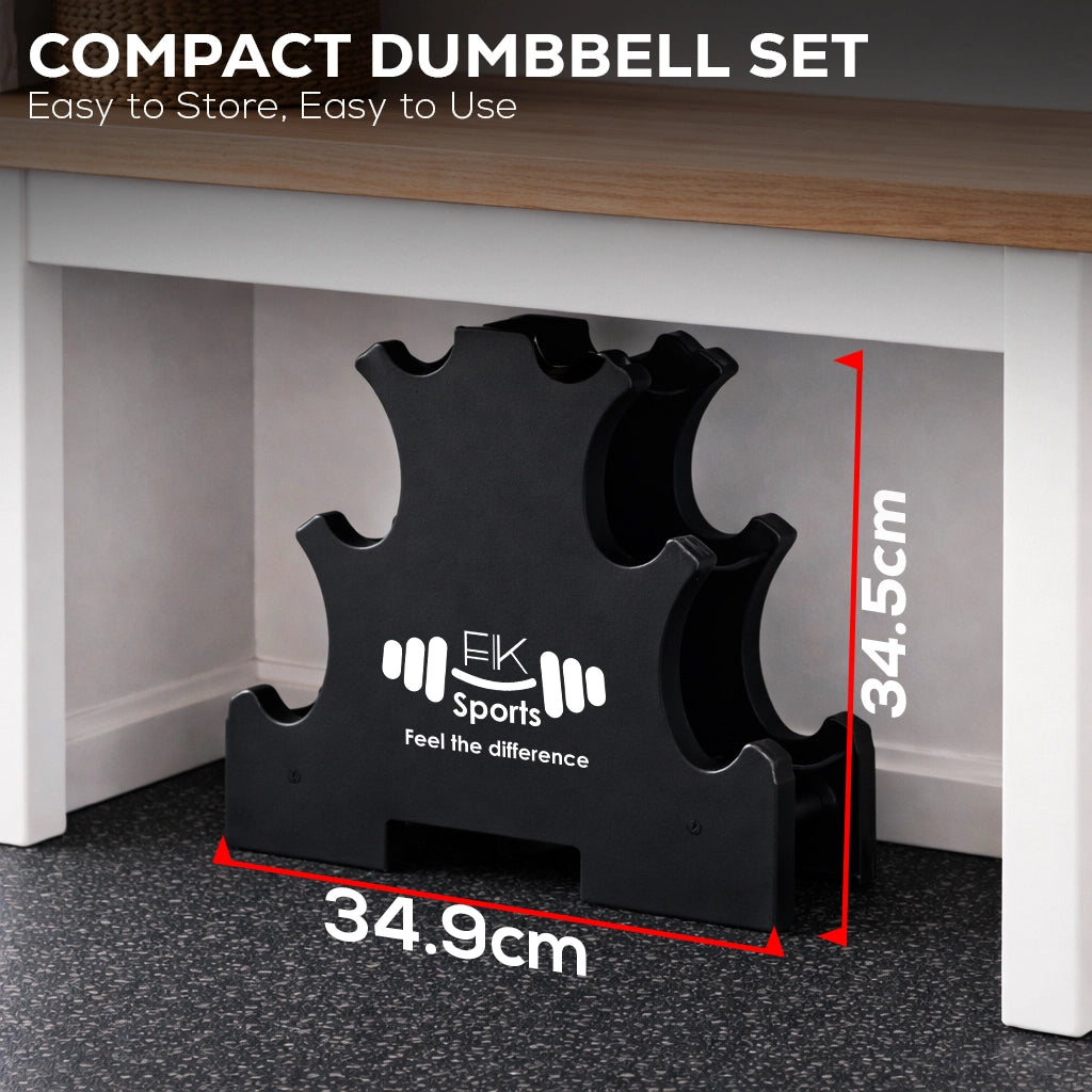 Black Compact Dumbbell Set with dimensions and FK Sports branding under a table.